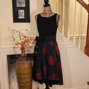 SLNY | EUC Black and Red Floral Hi/Lo Midi Dress